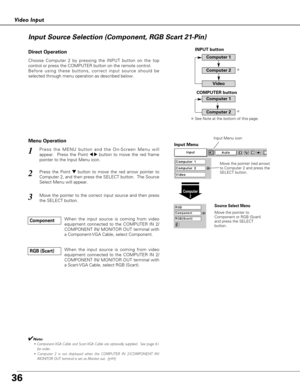 Page 36
36
Video Input
Press the MENU button and the On-Screen Menu will
appear.  Press the Point 
7 8button to move the red frame
pointer to the Input Menu icon.1
Press the Point d dbutton to move the red arrow pointer to
Computer 2, and then press the SELECT button.  The Source
Select Menu will appear.   2
Move the pointer to the correct input source and then press
the SELECT button.3

Move the pointer (red arrow)
to Computer 2 and press the
SELECT button.

Move the pointer to
Component or RGB (Scart)
and...