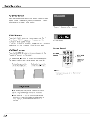 Page 32
32
Basic Operation
Press the NO SHOW button on the remote control to black
out the image. To restore to normal, press the NO SHOW
button again or press any other button. 
“No show” disappears after 4 seconds.
NO SHOW button

Press the P-TIMER button on the remote control. The P-
Timer display “00:00” appears on the screen and the
countdown starts (00:00–59:59).
To stop the countdown, press the P-TIMER button. To cancel
the P-Timer function, press the P-TIMER button again.

P-TIMER button
P-Timer...