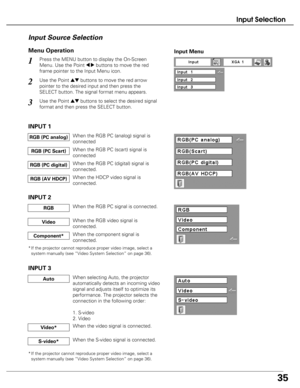 Page 35
35
Input Selection
Press the MENU button to display the On-Screen
Menu. Use the Point 
7 8buttons to move the red
frame pointer to the Input Menu icon.1
Use the Point edbuttons to move the red arrow
pointer to the desired input and then press the
SELECT button. The signal format menu appears.2
Use the Point edbuttons to select the desired signal
format and then press the SELECT button.3
Menu Operation
When the RGB PC (analog) signal is
connectedRGB (PC analog)
INPUT 1
When the RGB PC (digital) signal...