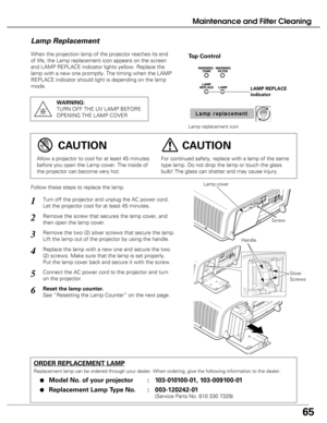 Page 65
65
Maintenance and Filter Cleaning
When the projection lamp of the projector reaches its end
of life, the Lamp replacement icon appears on the screen
and LAMP REPLACE indicator lights yellow. Replace the
lamp with a new one promptly. The timing when the LAMP
REPLACE indicator should light is depending on the lamp
mode.
Follow these steps to replace the lamp.

ORDER REPLACEMENT LAMP
Replacement lamp can be ordered through your dealer. When ordering, give\
 the following information to the dealer.
●Model...