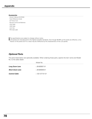 Page 78
78
Appendix
Model No.
Long Zoom Lens : 38-809057-51
Short Zoom Lens : 38-809056-51
Control Cable : 103-107101-01
The parts listed below are optionally available. When ordering those par\
ts, specify the item name and Model
No. to the sales dealer.
Optional Parts
Accessories
Owner’s Manual (CD-ROM)
Quick Reference Guide
AC Power Cord
Remote Control and Batteries
VGA Cable
USB Cable
Lens Cap 
PIN Code Label
● The specifications are subject to change without notice.
● LCD panels are manufactured to the...