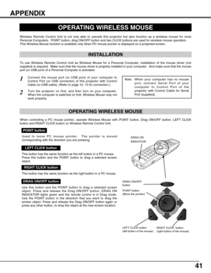 Page 4141
APPENDIX
OPERATING WIRELESS MOUSE
INSTALLATION
Wireless Remote Control Unit is not only able to operate this projector but also function as a wireless mouse for most
Personal Computers.  POINT button, drag ON/OFF button and two CLICK buttons are used for wireless mouse operation.
This Wireless Mouse function is available only when PC mouse pointer is displayed on a projected screen.
Connect the mouse port (or USB port) of your computer to
Control Port (or USB connector) of this projector with Control...