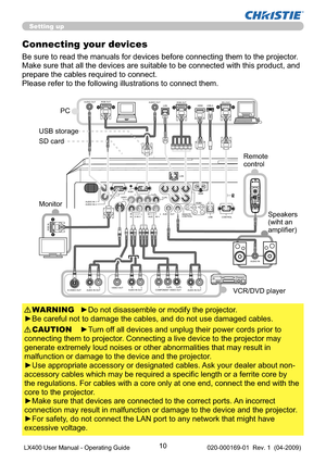 Page 1210
Setting up
Connecting your devices
Be sure to read the manuals for devices before connecting them to the projector. 
Make sure that all the devices are suitable to be connected with this product, and 
prepare the cables required to connect.
Please refer to the following illustrations to connect them.
►Do not disassemble or modify the projector.
►Be careful not to damage the cables, and do not use damaged cables.WARNING
►Turn off all devices and unplug their power cords prior to 
connecting them to...