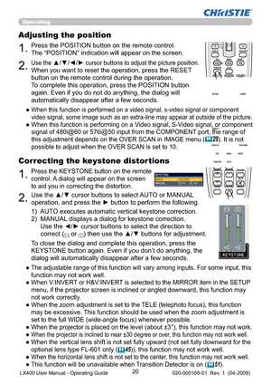 Page 2220
Operating
1.Press the POSITION button on the remote control. 
The “POSITION” indication will appear on the screen.
Adjusting the position
2.Use the ▲/▼/◄/► cursor buttons to adjust the picture position.
When you want to reset the operation, press the RESET 
button on the remote control during the operation.
To complete this operation, press the POSITION button 
again. Even if you do not do anything, the dialog will 
automatically disappear after a few seconds.
●  
When this function is performed on a...