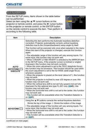 Page 3735
SETUP Menu
SETUP Menu
From the SETUP menu, items shown in the table below 
can be performed.
Select an item using the ▲/▼ cursor buttons on the 
projector or remote control, and press the ► cursor button 
on the projector or remote control, or the ENTER button 
on the remote control to execute the item. Then perform it 
according to the following table.
Item Description
AUTO 
KEYSTONE 
EXECUTESelecting this item performs the Automatic keystone distortion 
correction. Projector automatically corrects...