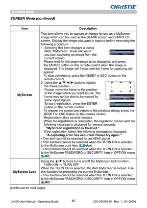 Page 4240
SCREEN Menu
Item Description
MyScreenThis item allows you to capture an image for use as a MyScreen 
image which can be used as the BLANK screen and START UP 
screen. Display the image you want to capture before executing the 
following procedure.
1.  Selecting this item displays a dialog 
titled “MyScreen”. It will ask you if 
you start capturing an image from the 
current screen.
Please wait for the target image to be displayed, and press 
the ENTER button on the remote control when the image is...