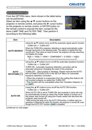 Page 4442
OPTION Menu
OPTION Menu
From the OPTION menu, items shown in the table below 
can be performed.
Select an item using the ▲/▼ cursor buttons on the 
projector or remote control, and press the ► cursor button 
on the projector or remote control, or ENTER button on 
the remote control to execute the item, except for the 
items LAMP TIME and FILTER TIME. Then perform it 
according to the following table.
Item Description
AUTO SEARCH
Using the ▲/▼ buttons turns on/off the automatic signal search function....