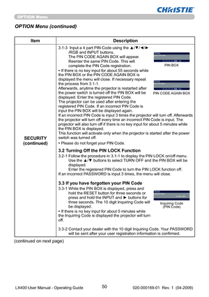 Page 5250
OPTION Menu
Item Description
SECURITY
(continued)
3.1-3   Input a 4 part PIN Code using the ▲/▼/◄/►
/RGB and INPUT buttons. 
The PIN CODE AGAIN BOX will appear. 
Reenter the same PIN Code. This will 
complete the PIN Code registration.
• If there is no key input for about 55 seconds while 
the PIN BOX or the PIN CODE AGAIN BOX is 
displayed the menu will close. If necessary repeat 
the process from 3.1-1.
Afterwards, anytime the projector is restarted after 
the power switch is turned off the PIN BOX...