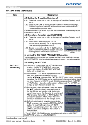 Page 5452
OPTION Menu
Item Description
SECURITY
(continued)4.3 Setting the Transition Detector off
4.3-1  Follow the procedure in 4.1-1 to display the Transition Detector on/off 
menu.
4.3-2  Select TURN OFF to display the ENTER PASSWORD BOX (large). 
Enter the registered PASSWORD and the screen will return to the 
Transition Detector on/off menu.
If an incorrect PASSWORD is input the menu will close. If necessary repeat 
the process from 4.3-1.
4.4 If you have forgotten your PASSWORD
4.4-1  Follow the...