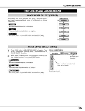 Page 2525
COMPUTER INPUT
PICTURE IMAGE ADJUSTMENT
IMAGE LEVEL SELECT (MENU)
Press MENU button and ON-SCREEN MENU will appear.  Press
POINT LEFT/RIGHT button to move a red frame pointer to
IMAGE SELECT Menu icon.1
2Press POINT DOWN button to move a red frame pointer to level
that you want to set and then press SELECT button.
Move a red frame icon to level and
press SELECT button.
Level being selected.
IMAGE SELECT MENU
Normal picture level preset on this projector.
Standard
Picture level with improved halftone...