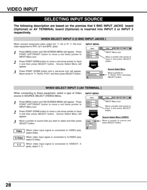Page 2828
SELECTING INPUT SOURCE
Press MENU button and ON-SCREEN MENU will appear.  Press
POINT LEFT/RIGHT button to move a red frame pointer to
INPUT Menu icon.
Press POINT DOWN button to move a red arrow pointer to Input
2 and then press SELECT button.  Source Select Menu will
appear. 
1
2
Move a pointer to source and
press SELECT button.
Source Select Menu (VIDEO)
Move a pointer to source that you want to select and then press
SELECT button.3
When video input signal is connected to VIDEO jack,
select...