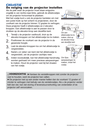 Page 133NEDERLANDS
9LX41/LW41 Gebruiksaanwijzing020-000510-01 Rev. 1 (06-2012)
De neiging van de projector instellen
Als de plek waar de projector moet staan enigszins 
ongelijk is van rechts-naar-links, gebruik de afstelvoetjes 
om de projector horizontaal te plaatsen.
Met het voetje kunt u ook de projector kantelen om met 
een juiste hoek op het scherm te projecteren, door de 
voorkant van de projector binnen 12 graden te verhogen.
Deze projector heeft 2 afstelvoetjes en 2 elevator-
knoppen. Een afstelvoetje...