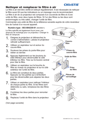 Page 3814LX41/LW41 Manuel d’utilisation020-000510-01 Rev. 1 (06-2012)
(Voir page suivante)
Nettoyer et remplacer le ﬁ ltre à air
Le ﬁ ltre à air doit être vériﬁ é et nettoyé régulièrement. Il est nécessaire de nettoyer 
le ﬁ ltre aussi tôt que les indicateurs ou un message vous le recommandent.
Le ﬁ ltre à air de ce projecteur est composé d’un couvercle de ﬁ ltre et d’une 
unité de ﬁ ltre, avec deux types de ﬁ ltres. Si l’un des ﬁ ltres ou les deux sont 
endommagés ou très sales, changer l’unité de ﬁ ltre....