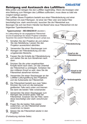 Page 5814LX41/LW41 Bedienungsanleitung020-000510-01 Rev. 1 (06-2012)
(Fortsetzung nächste Seite)
Reinigung und Austausch des Luftﬁ lters
Bitte prüfen und reinigen Sie den Luftﬁ lter regelmäßig. Wenn die Anzeigen oder 
eine Meldung zum Reinigen des Luftﬁ lters auffordern, muss diese so bald wie 
möglich befolgt werden.
Der Luftﬁ lter dieses Projektors besteht aus einer Filterabdeckung und einer 
Filtereinheit mit zwei Filtertypen. Ist einer der Filter oder sind beide Filter 
beschädigt bzw. stark verschmutzt,...