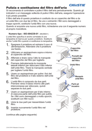 Page 9814LX41/LW41 Manuale d’istruzioni020-000510-01 Rev. 1 (06-2012)
(continua alla pagina seguente)
1.  Spegnere il proiettore ed estrarre il cavo di 
alimentazione. Attendere che il proiettore 
sia freddo.
2.  Utilizzare un aspirapolvere sopra e intorno 
al coperchio del ﬁ ltro.
3.  Afferrare e tirare verso l’alto le manopole 
del coperchio del ﬁ ltro per toglierlo.
4.  Premere delicatamente le monopole 
laterali inferiori per sbloccare il lato inferior 
dell’unità ﬁ ltro. Tirare la manopola centrale 
per...