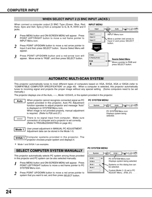 Page 24
24
COMPUTER INPUT
This projector automatically tunes to most different types of computers \
based on VGA, SVGA, XGA or SXGA (refer to
“COMPATIBLE COMPUTER SPECIFICATION ” on page 49).  When a computer is selected, this projector automaticall\
y
tunes to incoming signal and projects the proper image without any speci\
al setting.  (Some computers need to be set
manually.) 
The projector displays one of the Auto, -----, Mode 1/2/3/4/5, or the sy\
stem provided in the projector.

When projector cannot...