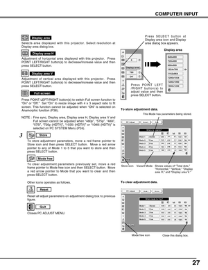 Page 27
27
COMPUTER INPUT
Selects area displayed with this projector. Select resolution at
Display area dialog box.
Display area
Adjustment of horizontal area displayed with this projector.  Press
POINT LEFT/RIGHT button(s) to decrease/increase value and then
press SELECT button.
Display area H
Adjustment of vertical area displayed with this projector.  Press
POINT LEFT/RIGHT button(s) to decrease/increase value and then
press SELECT button.
Display area V
Full screen

Reset
Store

Closes PC ADJUST MENU.

Quit...