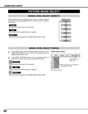 Page 28
28
COMPUTER INPUT
PICTURE IMAGE SELECT
IMAGE LEVEL SELECT (MENU)
Press MENU button and ON-SCREEN MENU will appear.  Press
POINT LEFT/RIGHT button to move a red frame pointer to
IMAGE SELECT Menu icon.1
2Press POINT UP/DOWN button to move a red frame pointer to
level that you want to set and then press SELECT button.
Level being selected.
IMAGE SELECT MENU
Normal picture level preset on this projector.
Standard
Picture level with improved halftone for graphics.
Real
User preset picture adjustment in...