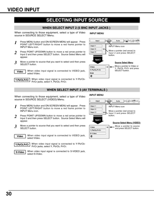 Page 30
30
VIDEO INPUT
When video input signal is connected to Y-Pb/Cb-
Pr/Cr jacks, select Y, Pb/Cb, Pr/Cr.Y,Pb/Cb,Pr/Cr
SELECTING INPUT SOURCE
Press MENU button and ON-SCREEN MENU will appear.  Press
POINT LEFT/RIGHT button to move a red frame pointer to
INPUT Menu icon.1
Move a pointer to source
and press SELECT button.
Source Select Menu (VIDEO)
Move a pointer to source that you want to select and then press
SELECT button.3
When video input signal is connected to VIDEO jack,
select Video.Video
When video...