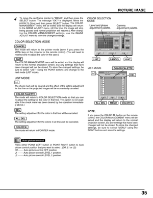 Page 35
35
PICTURE IMAGE
Auto picture control
Press either POINT LEFT button or POINT RIGHT button to Auto
picture control position that you want to select . (Off, L1 or L2)
Off ······· Auto picture control OFF position.
L1  ········  Auto picture control LEVEL 1 position.
L2  ········  Auto picture control LEVEL 2 position.
To move the red frame pointer to MENU, and then press the
SELECT button. The message OK? is displayed. Move the
pointer to 
[Yes] and then press SELECT button. The COLOR
MANAGEMENT menu...