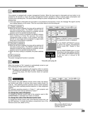 Page 39
39
SETTING
On start
When this function is “On, ” projector is automatically turned on just
by connecting AC Power cord to a wall outlet.
Note ; B e   sure to turn projector off properly (refer to section
“ TURNING OFF PROJECTOR ” on P20).  If projector is turned
off in wrong steps, On Start function does not operate
properly.
Power management

Time left until Lamp off.

Remote control

This projector has eight different remote control codes; the factory-
set normal code (Code 1) and the other seven...