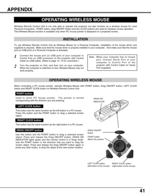 Page 41
41
APPENDIX
OPERATING WIRELESS MOUSE
INSTALLATION
Wireless Remote Control Unit is not only able to operate this projector \
but also function as a wireless mouse for most
Personal Computers.  POINT button, drag ON/OFF button and two CLICK butt\
ons are used for wireless mouse operation.
This Wireless Mouse function is available only when PC mouse pointer is \
displayed on a projected screen.
Connect the mouse port (or USB port) of your computer to
Control Port (or USB connector) of this projector with...