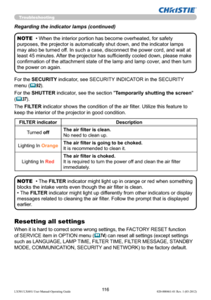 Page 11811 6LX501/LX601i User Manual-Operating Guide 020-000461-01 Rev. 1 (03-2012)
• When the interior portion has become overheated, for safety 
purposes, the projector is automatically shut down, and the indicator lamps 
may also be turned off. In such a case, disconnect the power cord, and wait at 
least 45 minutes. After the projector has sufﬁciently cooled down, please make 
conﬁrmation of the attachment state of the lamp and lamp cover, and then turn 
the power on again. NOTE
For the SECURITY indicator,...