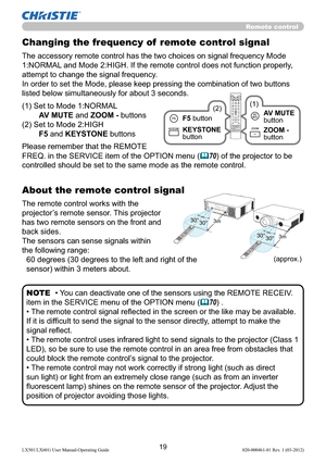 Page 2119LX501/LX601i User Manual-Operating Guide 020-000461-01 Rev. 1 (03-2012)
30°3m30°
30°
30°3m
(approx.)
About the remote control signal
The remote control works with the 
projector’s remote sensor. This projector 
has two remote sensors on the front and 
back sides.
The sensors can sense signals within 
the following range:
60 degrees (30 degrees to the left and right of the 
sensor) within 3 meters about.
• You can deactivate one of the sensors using the REMOTE RECEIV. 
item in the SERVICE menu of the...