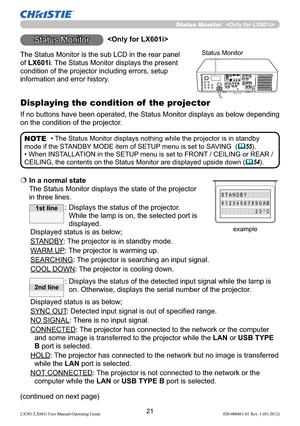 Page 2321LX501/LX601i User Manual-Operating Guide 020-000461-01 Rev. 1 (03-2012)
  In a normal state  
The Status Monitor displays the state of the projector 
in three lines.
:  Displays the status of the projector. 
While the lamp is on, the selected port is 
displayed.
Displayed status is as below;
STANDBY: The projector is in standby mode.
WARM UP: The projector is warming up.
SEARCHING: The projector is searching an input signal.
COOL DOWN:  The projector is cooling down.
:  Displays the status of the...