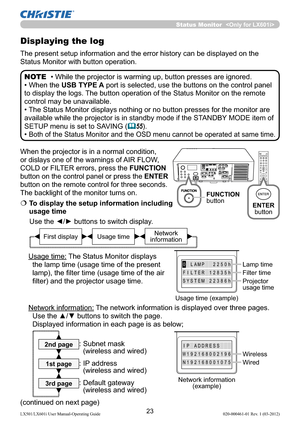 Page 2523LX501/LX601i User Manual-Operating Guide 020-000461-01 Rev. 1 (03-2012)
When the projector is in a normal condition, 
or dislays one of the warnings of AIR FLOW, 
COLD or FILTER errors, press the FUNCTION 
button on the control panel or press the ENTER 
button on the remote control for three seconds. 
The backlight of the monitor turns on.
  To display the setup information including 
usage time
Use the ◄/► buttons to switch display. 
    
  
Usage time: The Status Monitor displays 
the lamp time...