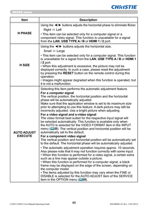 Page 5048LX501/LX601i User Manual-Operating Guide 020-000461-01 Rev. 1 (03-2012)
IMAGE menu
Item Description
H PHASE
Using the ◄/► buttons adjusts the horizontal phase to eliminate ﬂicker.
Right 
 Left
• This item can be selected only for a computer signal or a 
component video signal. This function is unavailable for a signal 
from the LAN, USB TYPE A / B or HDMI 1 / 2 port.
H SIZEUsing the ◄/► buttons adjusts the horizontal size.
Small 
 Large
• This item can be selected only for a computer signal. This...