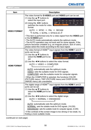 Page 5250LX501/LX601i User Manual-Operating Guide 020-000461-01 Rev. 1 (03-2012)
INPUT menu
Item Description
VIDEO FORMATThe video format for S-VIDEO port and VIDEO port can be set.
(1)  Use the ▲/▼ buttons to 
select the input port.
(2)  Using the ◄/► buttons 
switches the mode for video 
format.
AUTO  
  NTSC  
  PAL  
  SECAM
       N-PAL 
 M-PAL 
 NTSC4.43 
• This item is performed only for a video signal from the VIDEO port 
or the S-VIDEO port.
• The AUTO mode automatically selects the optimum mode....