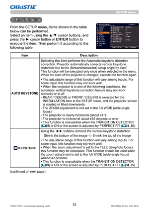 Page 5553LX501/LX601i User Manual-Operating Guide 020-000461-01 Rev. 1 (03-2012)
SETUP menu
Item Description
AUTO KEYSTONE Selecting this item performs the Automatic keystone distortion 
correction. Projector automatically corrects vertical keystone 
distortion due to the (forward/backward) setup angle by itself.
This function will be executed only once when selected in the menu. 
When the slant of the projector is changed, execute this function again.
• The adjustable range of this function will vary among...