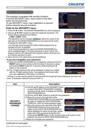 Page 8886LX501/LX601i User Manual-Operating Guide 020-000461-01 Rev. 1 (03-2012)
SECURITY menu
This projector is equipped with security functions.
From the SECURITY menu, items shown in the table 
below can be performed.
To use SECURITY menu: User registration is required 
before using the security functions.
Enter to the SECURITY menu
1.  Press the ► button. The ENTER PASSWORD box will be displayed.  
2.  Use the ▲/▼/◄/► buttons to enter the registered password. The 
factory default password is as follows....