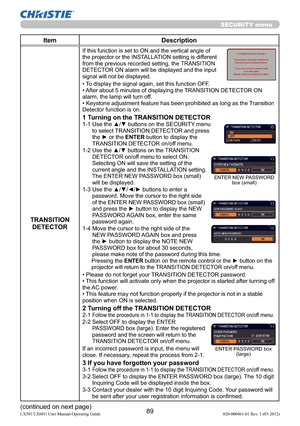 Page 9189LX501/LX601i User Manual-Operating Guide 020-000461-01 Rev. 1 (03-2012)
SECURITY menu
Item Description
TRANSITION 
DETECTOR
If this function is set to ON and the vertical angle of 
the projector or the INSTALLATION setting is different 
from the previous recorded setting, the TRANSITION 
DETECTOR ON alarm will be displayed and the input 
signal will not be displayed.
• To display the signal again, set this function OFF.
• After about 5 minutes of displaying the TRANSITION DETECTOR ON 
alarm, the lamp...