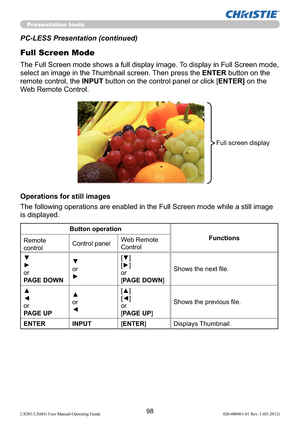 Page 10098LX501/LX601i User Manual-Operating Guide 020-000461-01 Rev. 1 (03-2012)
Presentation tools
PC-LESS Presentation (continued)
The Full Screen mode shows a full display image. To display in Full Screen mode, 
select an image in the Thumbnail screen. Then press the ENTER button on the 
remote control, the INPUT button on the 
control panel or click [ENTER] on the 
Web Remote Control.
Full Screen Mode
Button operation
FunctionsRemote 
controlControl panelWeb Remote 
Control
▼  
► 
or
PAGE DOWN▼ 
or  
► [▼]...