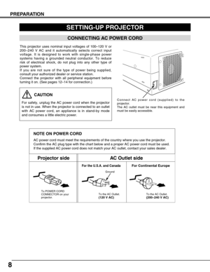 Page 8NOTE ON POWER CORD
AC power cord must meet the requirements of the country where you use th\
e projector.
Confirm the AC plug type with the chart below and a proper AC power cord\
 must be used.
If the supplied AC power cord does not match your AC outlet, contact you\
r sales dealer.
SETTING-UP PROJECTOR
8
PREPARATION
To POWER CORD
CONNECTOR on your
projector.
Projector sideAC Outlet side
Ground
To the AC Outlet.(120 V AC)
For Continental EuropeFor the U.S.A. and Canada
This projector uses nominal input...