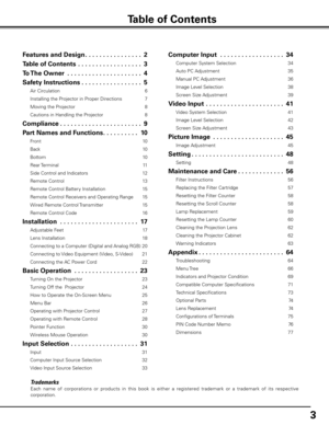 Page 3
3

Trademarks
Each  name  of  corporations  or  products  in  this  book  is  either  a  registered  trademark  or  a  trademark  of  its  respective 
corporation.
Table of Contents
Features and Design .  .  .  .  .  .  .  .  .  .  .  .  .  .  .  .2
Table of Contents  .  .  .  .  .  .  .  .  .  .  .  .  .  .  .  .  .  .3
To The Owner   .  .  .  .  .  .  .  .  .  .  .  .  .  .  .  .  .  .  .  .  .4
Safety Instructions .  .  .  .  .  .  .  .  .  .  .  .  .  .  .  .  .5
Air Circulation 6
Installing the...