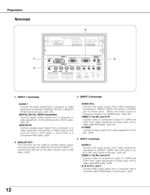 Page 12
12
Preparation

  ANALOG OUTINPUT 3
INPUT 1
INPUT 2  ANALOG IN
DIGITAL (DVI-D)
AUDIO 1
AUDIO 2 VIDEO/Y    Cb/Pb          Cr/PrG                B               R            H/V               V
VIDEO/Y   Cb/Pb     Cr/PrS-VIDEO
R-AUDIO-L
(MONO)
Te
rm inals
q
w
e
r
eINPUT 3 terminals
AUDIO (R-L)
Connect the audio output from video equipment
connected to VIDEO/Y Cb/Pb Cr/Pr jacks or S-VIDEO
jack to these jacks.  (When the audio output is
monaural, connect it to L(MONO) jack.  (p24, 25)
VIDEO/Y, Cb/Pb, and...