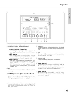 Page 13
13
Preparation

A built-in micro processor which controls this unit may occasionally
malfunction and need to be reset. This can be done by pressing the RESET\
 
button with a pen, which will shut down and restart the unit.  Do not us\
e the
RESET function excessively.
q
ertyu
uSERIAL PORT IN
When controling the projector from a computer, connect
the computer to this terminal with a serial cross cable
(commercially supplied).
tUSB (Series B)
This port is used for the projector maintenance.
ySERIAL PORT...