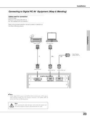 Page 23
23
Installation
Connecting to Digital PC/AV  Equipment (Warp & Blending)

Cables used for connection
qDVI-D Cable  
w Serial Cross Cables (RS-232C)
✽
(✽= Not supplied with this projector.)
Refer to the enclosed operation manual for details in operation of
the Warp & Blending feature.
PC Serial Port
Note:
When connecting the cable, the power cords of both the projector and
the external equipment should be disconnected from AC outlet. 

q
Digital Output
Other Projector
SERIAL PORT IN
SERIAL PORT INSERIAL...