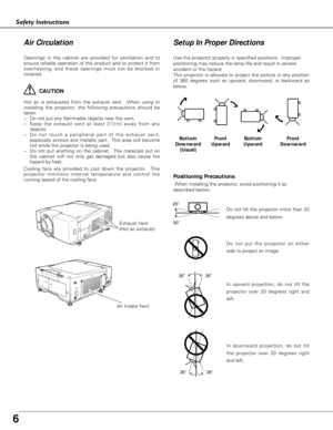 Page 6
6
Safety Instructions
Openings in the cabinet are provided for ventilation and to
ensure reliable operation of the product and to protect it from
overheating, and these openings must not be blocked or
covered. 
CAUTION
Hot air is exhausted from the exhaust vent.  When using or
installing the projector, the following precautions should be
taken. 
–  Do not put any flammable objects near the vent.
– Keep the exhaust vent at least 3’(1m) away from any
objects.
–  Do not touch a peripheral part of the...