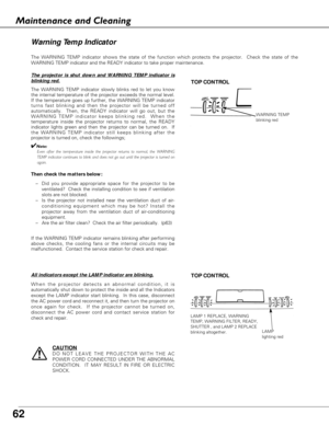 Page 62
62
If the WARNING TEMP indicator remains blinking after performing
above checks, the cooling fans or the internal circuits may be
malfunctioned.  Contact the service station for check and repair.
Warning Temp Indicator
The WARNING TEMP indicator shows the state of the function which protect\
s the projector.  Check the state of the
WARNING TEMP indicator and the READY indicator to take proper maintenanc\
e. 

TOP CONTROL
The projector is shut down and WARNING TEMP indicator is
blinking red.
The WARNING...