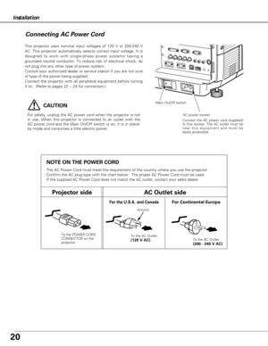 Page 2020
Installation
Connecting AC Power Cord
This projector uses nominal input voltages of 120 V or 200-240 V
AC. This projector automatically selects correct input voltage. It is
designed to work with single-phase power systems having a
grounded neutral conductor. To reduce risk of electrical shock, do
not plug into any other type of power system.
Consult your authorized dealer or service station if you are not sure
of type of the power being supplied.
Connect the projector with all peripheral equipment...