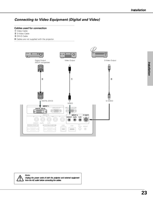 Page 2323
Installation
Installation
Connecting to Video Equipment (Digital and Video)
INPUT 3VIDEO/Y   Cb/Pb     Cr/PrS-VIDEO
Cables used for connection
qVideo Cable 
wS-Video Cable 
eDVI-D Cable 
✽ Cables are not supplied with the projector.
Note:Unplug the power cords of both the projector and external equipment
from the AC outlet before connecting the cables.
VIDEO
w q
S-Video Output
e
DIGITAL (DVI-D)
Digital Output
(HDCP compatible)Video Output
S–VIDEO 