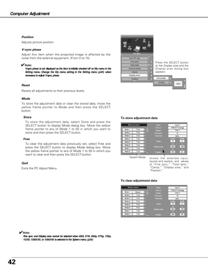 Page 4242
Adjust this item when the projected image is affected by the
noise from the external equipment. (From 0 to 15) 
V-sync phase
Reset
Mode
Exits the PC Adjust Menu.
Quit
Resets all adjustments to their previous levels.
Vacant Mode
shows the selected input,
source and system, and  values
of “Fine sync,” “Total dots,”
“Clamp,” “Display area,” and
“Position.”
To store adjustment data
To clear adjustment data
Press the SELECT button
at the Display area and the
Display area dialog box
appears.
✔Note:
Fine...