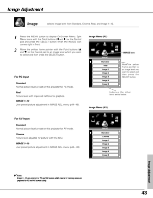 Page 4343
Image Adjustment
Image Adjustment
Image Menu (PC)
Move the  yellow
frame pointer to
an image level you
want to select and
then press the
SELECT button.
1
Normal picture level preset on this projector for AV mode.
Standard 
Picture level with improved halftone for graphics.
Real
Normal picture level preset on this projector for PC mode.
Standard 
Picture level adjusted for picture with fine tone.
Cinema
User preset picture adjustment in IMAGE ADJ. menu (p44~ 46).
IMAGE 1~10
2
selects image level from...