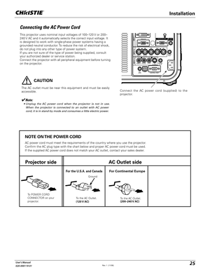 Page 2525User's Manual
020-000119-01
This projector uses nominal input voltages of 100–120 V or 200–
240 V AC and it automatically selects the correct input voltage. It 
is designed to work with single-phase power systems having a 
grounded neutral conductor. To reduce the risk of electrical shock, 
do not plug into any other type of power system.
If you are not sure of the type of power being supplied, consult 
your authorized dealer or service station.
Connect the projector with all peripheral equipment...