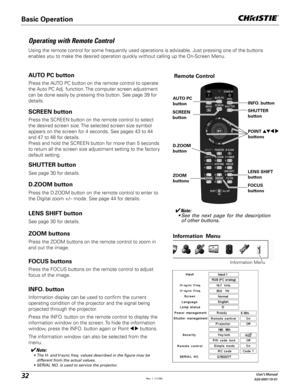 Page 3232User's Manual
020-000119-01
Operating with Remote Control
Using the remote control for some frequently used operations is advisable. Just pressing one of the buttons 
enables you to make the desired operation quickly without calling up the On-Screen Menu.
Press the ZOOM buttons on the remote control to zoom in 
and out the image.
ZOOM buttons
Press the FOCUS buttons on the remote control to adjust 
focus of the image.
FOCUS buttons
See page 30 for details.
LENS SHIFT button
Remote Control
D.ZOOM...