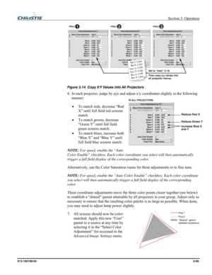 Page 87 Section 3: Operation 
013-100199-04  3-59. 
 
Figure 3.14. Copy X/Y Values into All Projectors 
6. In each projector, judge by eye and adjust x/y coordinates slightly in the following 
manner: 
• To match reds, decrease “Red 
X” until full field red screens 
match. 
• To match greens, decrease 
“Green Y” until full field 
green screens match. 
• To match blues, increase both 
“Blue X” and “Blue Y” until 
full field blue screens match. 
NOTE: For speed, enable the “Auto 
Color Enable” checkbox. Each...